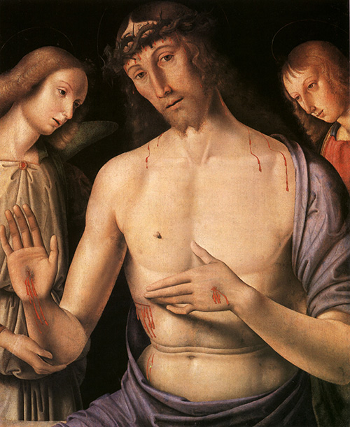 Christ supported by two angels, Giovanni Santi, 1490s